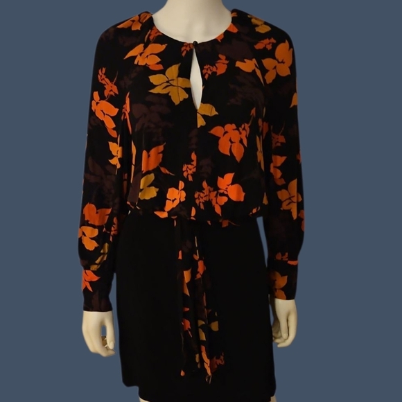 MANGO Floral Black and Orange Keyhole Long Sleeve Tie Waist Blouse - Picture 1 of 8